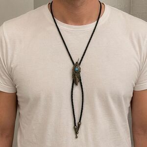 Men’s Western Bolo Lariat Necklace, Antique Bronze Tone Turquoise Accent